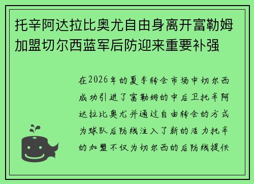 托辛阿达拉比奥尤自由身离开富勒姆加盟切尔西蓝军后防迎来重要补强